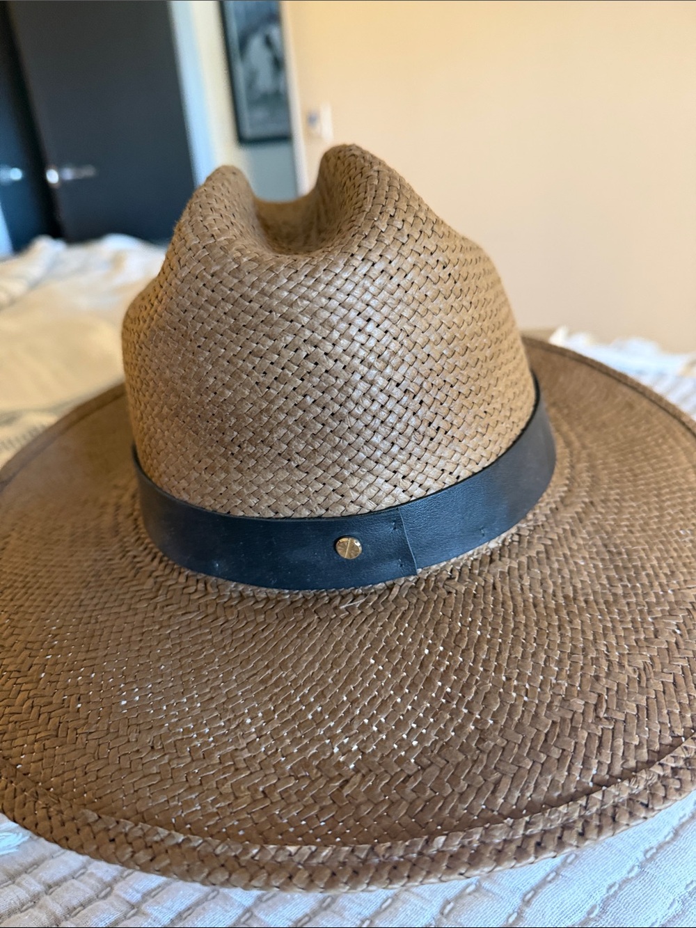 Janessa Leone Brown Straw Fedora with Black Band